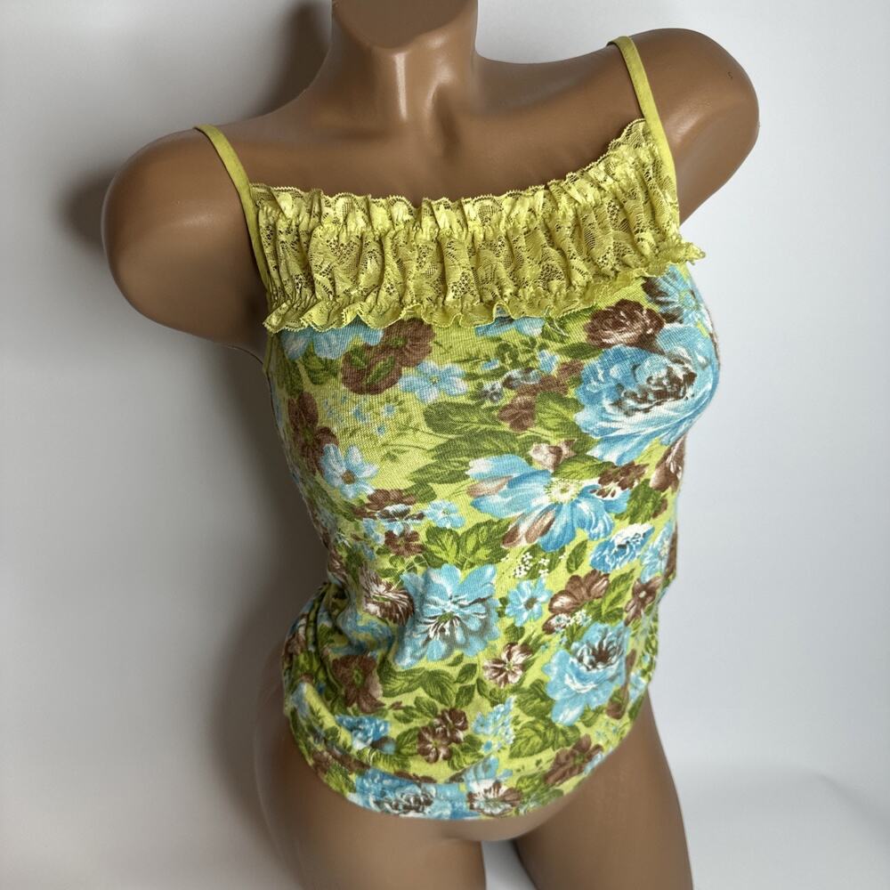 Melody Square Y2K Floral Ruffle Cami Top Green Blue Lace Trim Fairycore Small